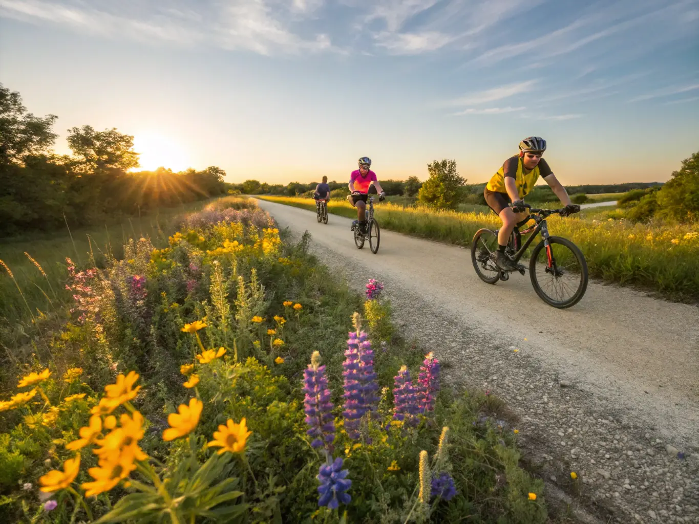 A vibrant photo of cyclists riding together through scenic countryside, smiling and enjoying the ride.