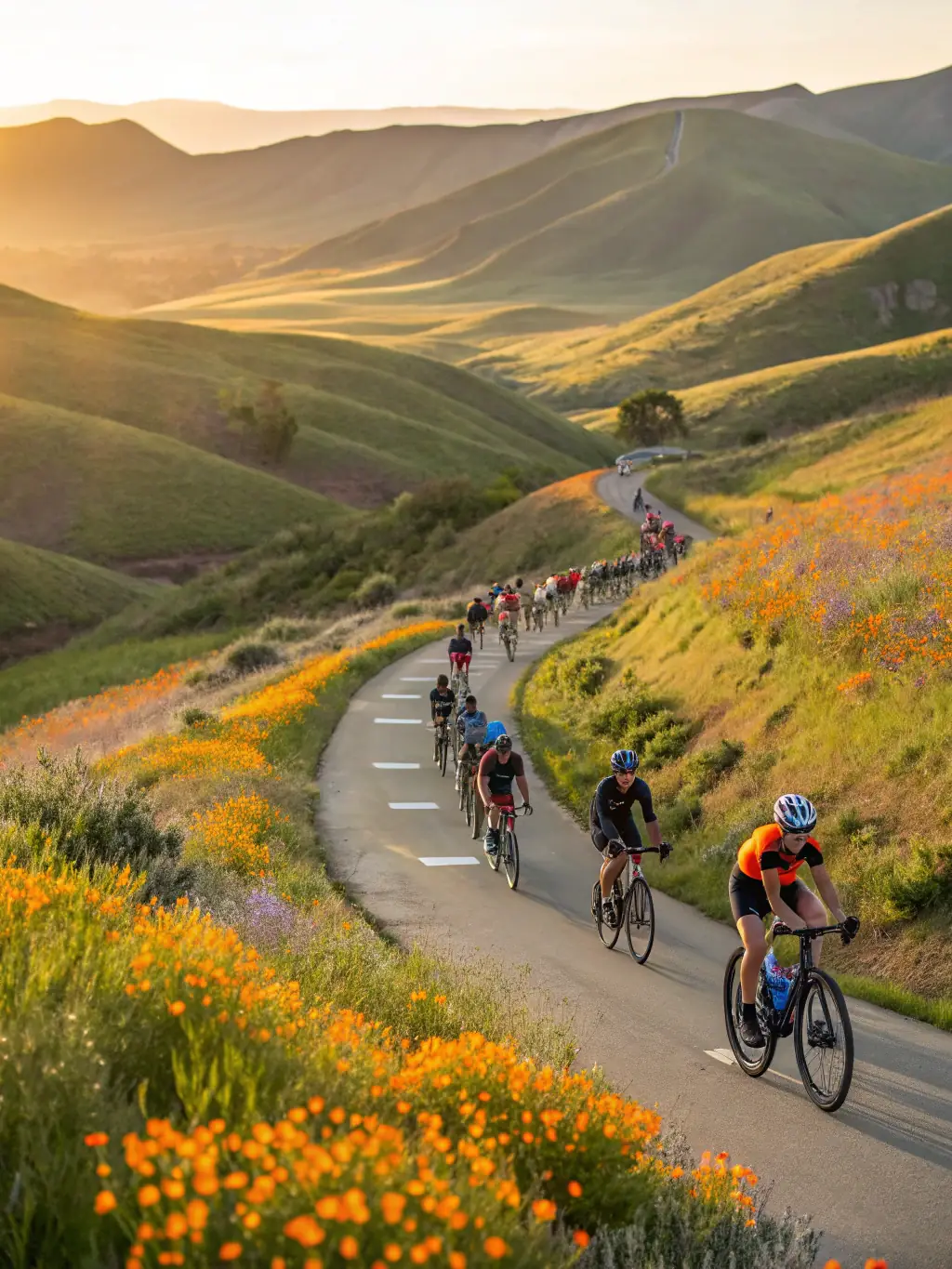 A dynamic shot of cyclists participating in a cycling festival, with colorful decorations and a cheering crowd.