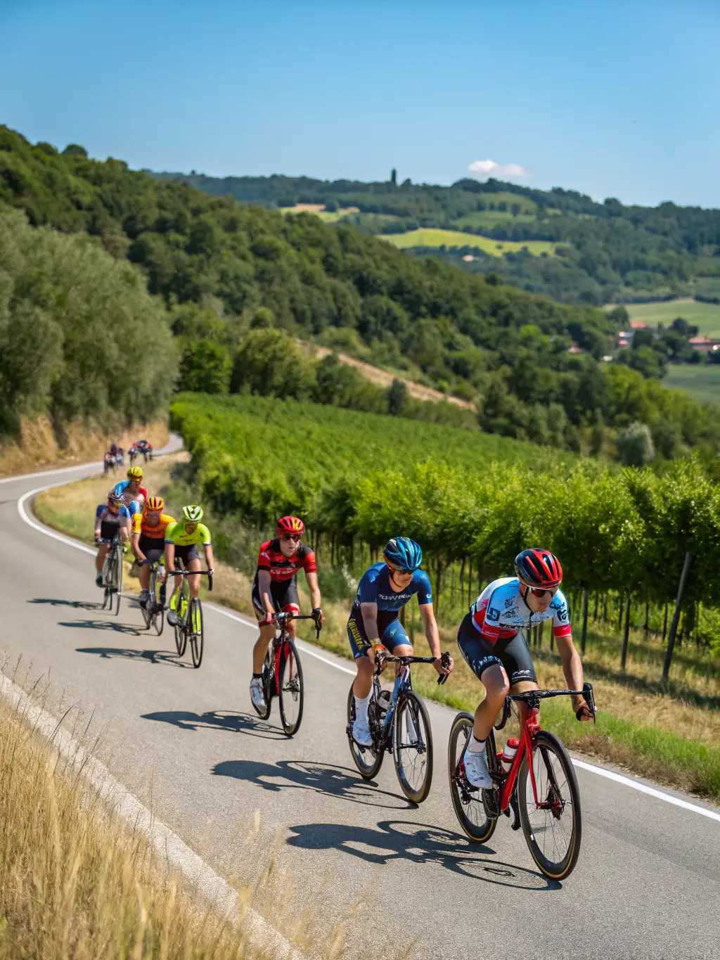 A vibrant image of a group of cyclists riding together through the countryside, enjoying the scenery and camaraderie.