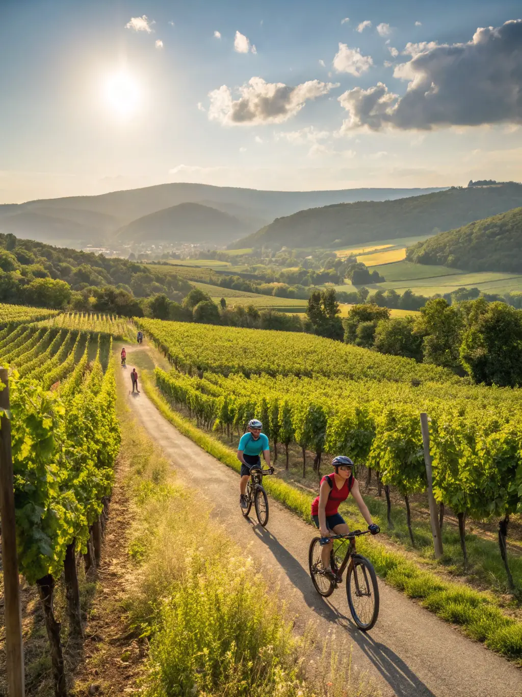 A scenic image of cyclists taking a break during a long-distance ride, with rolling hills and vineyards in the background.